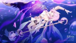 Rule 34 | arm up, bubble, elysia (honkai impact), floating, gloves, holding, holding weapon, honkai (series), honkai impact 3rd, looking at viewer, looking up, non-web source, pink eyes, purple background, staff, weapon, white gloves, white headwear