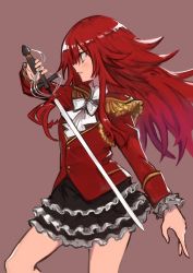Rule 34 | 1girl, 4410 (kanimiso), absurdres, ascot, character request, copyright request, cowboy shot, epaulettes, frills, green eyes, highres, long hair, painterly, purple background, rapier, red hair, simple background, solo, spiked hair, sword, very long hair, weapon