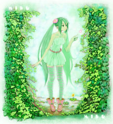 Rule 34 | 1girl, alternate color, ankle boots, boots, dandelion, female focus, flower, full body, gradient background, green eyes, green hair, green theme, hair flower, hair ornament, hatsune miku, ill-zyon, ivy, long hair, matching hair/eyes, multicolored clothes, multicolored legwear, nature, outdoors, patterned legwear, shoes, smile, solo, standing, striped clothes, striped thighhighs, thighhighs, twintails, two-tone stripes, very long hair, vocaloid
