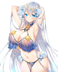 Rule 34 | 1girl, armpits, arms behind head, arms up, bare shoulders, bikini, blue eyes, blush, breasts, cleavage, closed mouth, commission, cowboy shot, detached collar, elf, flower, grey hair, hair flower, hair ornament, highres, huge breasts, long hair, looking at viewer, munlu (wolupus), navel, original, pointy ears, rose, see-through, see-through bikini, simple background, skeb commission, solo, stomach, swimsuit, white background, white flower, white rose