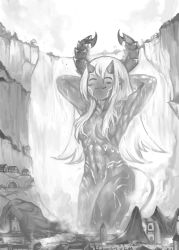 Rule 34 | 1girl, abs, bathing, blush stickers, building, cliff, closed eyes, completely nude, demon girl, demon horns, demon tail, giant, giantess, greyscale, hair censor, horns, kneeling, monochrome, nude, original, pointy ears, smile, solo, tail, toned, water, waterfall, wet, yilx