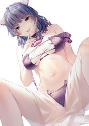 Rule 34 | 1girl, :d, amagimei, aqua eyes, arm garter, azur lane, bare shoulders, bikini, black hair, blue hair, breasts, cheshire (azur lane), cheshire (summery date!) (azur lane), choker, fangs, finger to mouth, highres, large breasts, looking at viewer, multicolored hair, navel, open mouth, purple bikini, short hair, sitting, smile, solo, spread legs, stomach, strapless, streaked hair, swimsuit