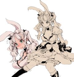 Rule 34 | 1girl, alice in wonderland, animal ears, bow, breasts, collarbone, detached collar, endou okito, female focus, green eyes, hair bow, kneehighs, large breasts, long hair, march hare (wonderland), medium breasts, multiple views, original, partially colored, personification, puffy sleeves, rabbit ears, silver hair, sitting, socks, surprised, twintails, watch, white background