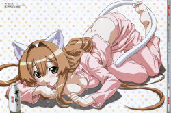 Rule 34 | 00s, 1girl, absurdres, animal ears, barefoot, blush, bottle, breasts, brown eyes, brown hair, butt crack, cat ears, cat girl, cat tail, cleavage, feet, female focus, full body, highres, licking, long hair, lying, megami magazine, milk, morita kazuaki, no panties, non-web source, pajamas, scan, seto no hanayome, seto sun, soles, solo, tail, toe-point, toe scrunch, toes, tongue, top-down bottom-up, very long hair