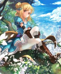 Rule 34 | 1girl, blonde hair, blue dress, boots, brown eyes, brown footwear, cloud, cloudy sky, cross-laced footwear, day, dress, elbow gloves, elf, fantasy, gloves, hair bun, hair ornament, in tree, knee boots, lace-up boots, original, petals, plant, pointy ears, short hair, single hair bun, sitting, sitting in tree, sky, solo, thighhighs, tree, uro (uro zi), white thighhighs