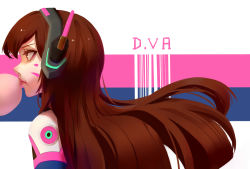 Rule 34 | 1girl, bodysuit, brown eyes, brown hair, blowing bubbles, character name, chewing gum, d.va (overwatch), facial mark, headphones, high collar, highres, lips, lipstick, long hair, makeup, overwatch, overwatch 1, profile, solo, upper body, whisker markings