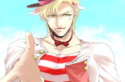Rule 34 | 1boy, blonde hair, bow, bowtie, caesar anthonio zeppeli, facial mark, hat, jacket, jojo no kimyou na bouken, looking at viewer, male focus, outstretched hand, pov, s gentian, solo, white jacket