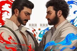 Rule 34 | 2boys, alluri sitarama raju, beard, collared shirt, crossed arms, curly hair, dark-skinned male, dark skin, eye contact, facial hair, from side, hair slicked back, highres, indian, komaram bheem, looking at another, male focus, mature male, multiple boys, partially unbuttoned, pectoral cleavage, pectorals, rrr (movie), shirt, short hair, thick eyebrows, thick mustache, upper body, wosara