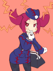 Rule 34 | 1girl, bag, blue hat, blush stickers, duel monster, eyebrows, garoudo (kadouhan&#039;i), gloves, handbag, hat, pantyhose, pink background, print pantyhose, red eyes, red hair, short twintails, skull, solo, strap, tour guide from the underworld, twintails, uniform, whistle, white gloves, yu-gi-oh!