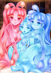Rule 34 | 3girls, :q, blue eyes, blue skin, blush, breasts, colored skin, commentary request, girl sandwich, indoors, large breasts, looking at viewer, monster girl, multiple girls, multiple persona, nekoyashiki nekomaru, night, nipples, open mouth, pink eyes, sandwiched, slime girl, slime musume no sodatekata, small breasts, spread legs, time paradox, tongue, tongue out, window