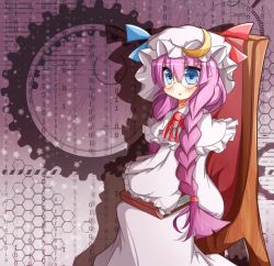 Rule 34 | 1girl, binary, blue eyes, blush, book, bow, braid, chair, crescent, ehimedaisuki, eyes visible through hair, female focus, frills, gears, glasses, gradient background, hair between eyes, hands in opposite sleeves, hat, hexagon, honeycomb (pattern), honeycomb background, honeycomb pattern, long hair, long sleeves, looking at viewer, patchouli knowledege, patchouli knowledge, purple background, purple hair, ribbon, sitting, solo, touhou, twin braids, very long hair, warabi mochi (ehimedaisuki)