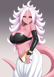 Rule 34 | 1girl, android 21, black nails, black sclera, black tube top, bracelet, breasts, choker, cleavage, colored sclera, colored skin, dark persona, dragon ball, dragon ball fighterz, earrings, female majin, harem pants, hi rontea, hoop earrings, jewelry, large breasts, looking at viewer, majin android 21, nail polish, pants, pink skin, pointy ears, red eyes, smile, smirk, solo, strapless, tail, tube top, white hair, white pants, yellow choker