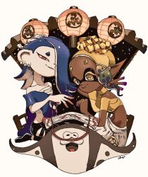 Rule 34 | + +, 2girls, :3, arm up, artist name, bare shoulders, big man (splatoon), black eyes, black socks, blonde hair, blue hair, blue shawl, breasts, clenched hand, closed mouth, clothing cutout, collarbone, colored eyelashes, crop top, dark-skinned female, dark skin, earrings, eyeliner, fangs, fangs out, female focus, frye (splatoon), groin, hachimaki, hagoromo, hair over one eye, hair tie, half-closed eyes, hand up, happy, headband, highres, inkling, jewelry, kneeling, lantern, leggings, long hair, looking at viewer, makeup, manta ray, matching hair/eyes, multicolored hair, multiple earrings, multiple girls, navel, nejiri hachimaki, nintendo, object on head, octoling, one eye covered, open mouth, pants, paper lantern, pointy ears, red eyeliner, red eyes, sarashi, see-through, seiza, shawl, shirt, shiver (splatoon), shogo (shogo70449442), signature, sitting, sleeveless, sleeveless shirt, small breasts, smile, socks, splatoon (series), splatoon 3, split mouth, stomach, suction cups, tentacle hair, tentacles, two-tone hair, w, white headwear, white pants, yellow eyes, yellow shawl, yellow shirt