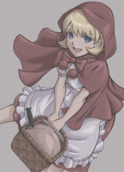 Rule 34 | 1girl, absurdres, apron, blonde hair, blue eyes, bow, bulleta, capcom, capelet, dress, eyebrows hidden by hair, highres, holding, knife, open mouth, picnic basket, puffy short sleeves, puffy sleeves, red bow, red hood, short hair, short sleeves, simple background, smile, solo, tyanoki, vampire (game)