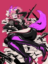Rule 34 | 1girl, absurdres, animal ear fluff, animal ears, black bodysuit, bodysuit, boots, breasts, center opening, cleavage, elbow gloves, fate/grand order, fate (series), fox ears, fox girl, fox tail, glasses, gloves, grin, gun, hair between eyes, high collar, high heel boots, high heels, highres, hip vent, koyanskaya (fate), large breasts, long hair, looking at viewer, lying, minmin yuto, money, on back, open mouth, partially unzipped, pink hair, ponytail, smile, solo, tail, tamamo (fate), very long hair, weapon