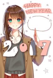 Rule 34 | 1girl, 2017, arm up, bird, black shirt, brown coat, brown hair, closed mouth, coat, collared shirt, green eyes, hami yura, happy new year, highres, long hair, looking at viewer, new year, original, penguin, pleated skirt, red skirt, shirt, simple background, skirt, smile, solo, speech bubble, star (symbol), swan, white background, white shirt, wing collar