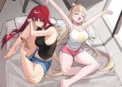 Rule 34 | 2girls, armpits, arms up, bare arms, bare shoulders, barefoot, black shirt, blonde hair, blue shorts, blush, breasts, cellphone, character request, cleavage, closed eyes, closed mouth, copyright request, dolphin shorts, emoji, hair ornament, large breasts, long hair, looking at phone, mendou kusai, multiple girls, open mouth, original, phone, pink shorts, pleading face emoji, red hair, shirt, short shorts, shorts, sitting, sleeveless, smartphone, stretching, tank top, thighs, very long hair, white shirt, yawning, yellow eyes