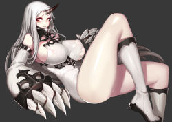 Rule 34 | 10s, 1girl, abyssal ship, bad id, bad pixiv id, breasts, claws, derivative work, detached sleeves, dress, covered erect nipples, highres, horns, huge breasts, kantai collection, liu lan, long hair, red eyes, seaport princess, single horn, solo, white hair