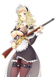 Rule 34 | 1girl, absurdres, alternate costume, apron, blonde hair, blue eyes, bow, breast cutout, breasts, center opening, commission, commissioner upload, constantia s2, constantia s2 (cosplay), cosplay, fire emblem, fire emblem fates, frills, gun, headdress, highres, holding, holding gun, holding weapon, igni tion, large breasts, last origin, long hair, maid apron, maid headdress, nintendo, open mouth, ophelia (fire emblem), pantyhose, rifle, skirt, solo, thighhighs, underboob, upper body, weapon, white background, winchester model 1887