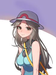 Rule 34 | 1girl, bare shoulders, blush, bodysuit, breasts, brown eyes, brown hair, closed mouth, creatures (company), game freak, hat, hellk111, highres, impossible clothes, leaf (pokemon), long hair, looking at viewer, medium breasts, nintendo, pokemon, pokemon frlg, smile, solo