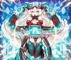 Rule 34 | 10s, 1girl, blue eyes, boots, breasts, cable, cleavage, electricity, full body, gloves, high collar, long hair, looking at viewer, machinery, official art, open mouth, outstretched arms, solo, thigh boots, thighhighs, tokiti, very long hair, white hair, wixoss