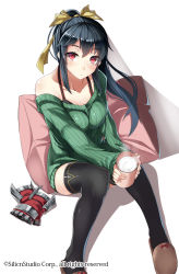 Rule 34 | 1girl, black hair, black thighhighs, blush, breasts, cleavage, collarbone, cup, gloves, unworn gloves, gyakushuu no fantasica, long hair, looking at viewer, medium breasts, nanahara fuyuki, off shoulder, ponytail, red eyes, ribbed sweater, simple background, sitting, slippers, solo, sweater, thighhighs, white background