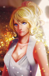 Rule 34 | 1girl, absurdres, blonde hair, blue eyes, breasts, chromatic aberration, cleavage, dress, final fantasy, final fantasy xv, highres, jewelry, looking at viewer, lunafreya nox fleuret, necklace, short hair, solo, white dress