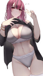 Rule 34 | 1girl, azur lane, bare shoulders, black shirt, bra, bracelet, breasts, bremerton (azur lane), calvin klein, cleavage, closed mouth, clothes lift, commentary request, cowboy shot, fingernails, grey bra, grey hair, grey panties, groin, hair between eyes, hair down, highres, jewelry, large breasts, long fingernails, long hair, looking at viewer, midriff, miyuki (9029009), mole, mole under eye, multicolored hair, navel, off shoulder, panties, pink eyes, pink hair, pink nails, shirt, shirt lift, sidelocks, simple background, skindentation, solo, standing, streaked hair, thigh gap, thighhighs, two-tone hair, underwear, v, white background, white thighhighs