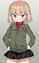 Rule 34 | 1girl, atage, black skirt, blonde hair, blue eyes, blush, bob cut, closed mouth, cowboy shot, female focus, girls und panzer, gradient background, green jacket, grey background, hands on own hips, jacket, katyusha (girls und panzer), long sleeves, looking at viewer, miniskirt, pleated skirt, red shirt, shirt, simple background, skirt, smile, solo