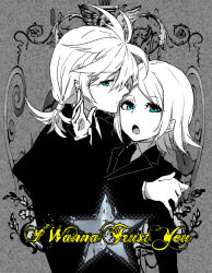 Rule 34 | 1boy, 1girl, alternate hairstyle, aqua eyes, bad id, bad pixiv id, brother and sister, formal, i wanna trust you (vocaloid), kagamine len, kagamine rin, monochrome, short hair, siblings, spot color, suit, twins, vocaloid, yusano