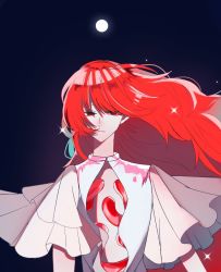 Rule 34 | 1other, alternate costume, androgynous, bad id, bad twitter id, crystal hair, full moon, gem, houseki no kuni, long hair, looking at viewer, moon, night, open clothes, padparadscha (houseki no kuni), red eyes, red hair, sad, solo, spoilers, upper body, wavy hair, wide sleeves