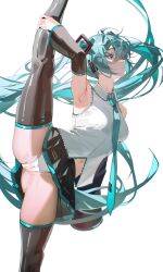 1girl aqua_eyes aqua_hair aqua_necktie armpits ass bare_shoulders black_sleeves boots breasts cameltoe closed_mouth detached_sleeves flexible frqz_bijutsu hair_between_eyes hand_on_own_leg hatsune_miku highres leg_hold leg_lift long_hair miniskirt navel necktie panties pleated_skirt shirt skirt sleeveless sleeveless_shirt solo split standing standing_on_one_leg standing_split thigh_boots three_quarter_profile underwear very_long_hair vocaloid white_background white_panties white_shirt