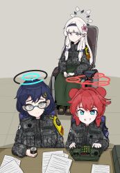 Rule 34 | 3girls, absurdres, alternate costume, blue archive, can, chihiro (blue archive), desk, glasses, halo, highres, himari (blue archive), korean text, maki (blue archive), military, military uniform, multiple girls, paper, sitting, smile, uniform, wheelchair