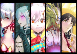 Rule 34 | + +, 1boy, 4girls, absurdres, armlet, armor, bare shoulders, bikini armor, black hair, braid, breasts, cape, cheekbones, chest tattoo, collar, crossed bangs, curled horns, detached sleeves, disintegration, dress, earrings, evil grin, evil smile, facial mark, fate/extra, fate/extra ccc, fate/grand order, fate (series), floating, floating object, forehead mark, gloves, glowing tattoo, goetia (fate), grin, habit, hair ribbon, hands on own chest, highres, hood, hooded, hooded cape, horn ornament, horn ring, horned hood, horns, jewelry, kama (fate), large breasts, long braid, long hair, long horns, looking at viewer, metal collar, multiple girls, nun, olga marie animusphere, orange peel, pointy ears, purple sleeves, red eyes, ribbon, sessyoin kiara, side braid, single horn, smile, striped clothes, striped gloves, symbol-shaped pupils, tattoo, tiamat (fate), u-olga marie, veil, vertical-striped clothes, vertical-striped gloves, very long hair, vxyzb0gvtiouiqp, wavy hair, white hair, yellow eyes
