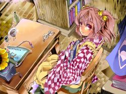 Rule 34 | 1girl, apron, bell, book, hugging book, bookshelf, bowl, brick floor, chair, checkered clothes, checkered dress, cup, cushion, desk, dress, unworn eyewear, fingernails, from above, glasses, hair bell, hair ornament, highres, holding, holding book, looking at viewer, motoori kosuzu, nmknf (mkn), hugging object, phonograph, red eyes, red hair, scroll, short hair, sitting, smile, solo, touhou, tsukumogami, twintails, two side up, vase