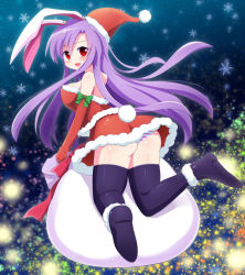 Rule 34 | 1girl, animal ears, ass, bad id, bad pixiv id, banned artist, blush, bow, breasts, dress, elbow gloves, from behind, gloves, hat, kisaragi zwei, large breasts, light purple hair, long hair, looking at viewer, looking back, panties, purple hair, rabbit ears, rabbit tail, red eyes, reisen udongein inaba, sack, santa costume, santa dress, santa gloves, santa hat, sideboob, skindentation, solo, striped clothes, striped panties, tail, thighhighs, touhou, underwear, very long hair