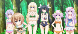 Rule 34 | 6+girls, angry, arms behind back, bikini, black hair, blanc, blanc (neptunia), blonde hair, blue eyes, breasts, brown hair, choujigen game neptune the animation, cleavage, crossed arms, hair ribbon, hand on own hip, hands on own hips, highres, large breasts, leaning forward, legs, long hair, looking at viewer, medium breasts, multiple girls, navel, nepgear, neptune (neptunia), neptune (series), noire (neptunia), one-piece swimsuit, purple eyes, purple hair, pururut, red eyes, ribbon, short hair, siblings, sisters, small breasts, stitched, swimsuit, thighs, third-party edit, twintails, vert, vert (neptunia)