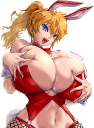 Rule 34 | 1girl, 2020, alternate breast size, amania orz, animal ears, bare shoulders, blonde hair, blue eyes, bow, bowtie, breasts, cleavage, dated, deep skin, excellen browning, highres, huge breasts, midriff, navel, ponytail, rabbit ears, rabbit tail, red bow, red bowtie, simple background, skindentation, solo, super robot wars, super robot wars original generation, tail, twitter username