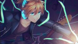 Rule 34 | 1boy, akiyoshi (tama-pete), alternate costume, aqua eyes, blonde hair, blue eyes, casual, clenched teeth, determined, fingerless gloves, gloves, glowing, guitar, headphones, instrument, jacket, kagamine len, leather, leather jacket, male focus, outstretched arm, shirt, short hair, short ponytail, solo, t-shirt, teeth, vocaloid