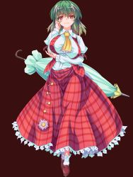 Rule 34 | 1girl, arm strap, ascot, blush, breast hold, breasts, closed umbrella, elbow rest, flower, frilled skirt, frills, full body, green hair, hand on own cheek, hand on own face, highres, kazami yuuka, large breasts, loafers, long sleeves, open clothes, open vest, plaid, plaid skirt, plaid vest, red eyes, shirt, shoes, skirt, skirt set, smile, solo, straight-on, sunflower, tachi-e, touhou, transparent background, umbrella, unaligned breasts, vest, white background, white shirt, zephid