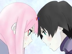 Rule 34 | 10s, 1boy, 1girl, black bodysuit, black hair, blue eyes, blue horns, bodysuit, couple, darling in the franxx, face-to-face, facing another, forehead-to-forehead, green eyes, heads together, hetero, hiro (darling in the franxx), horns, long hair, looking at another, oni horns, pilot suit, pink hair, red horns, short hair, white bodysuit, zero two (darling in the franxx)