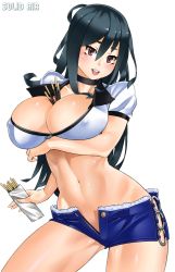Rule 34 | 1girl, aithne (khalitzburg), between breasts, black hair, breast hold, breasts, brown eyes, choker, crop top, crossed arms, denim, denim shorts, food, large breasts, long hair, navel, no panties, o-ring, o-ring bottom, original, pocky, short shorts, shorts, simple background, smile, solo, unzipped, white background, zipper, zonda (solid air)