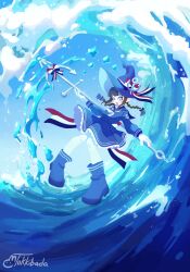 Rule 34 | 1girl, absurdres, anchor symbol, artist name, black hair, blue dress, blue eyes, blue footwear, blue sky, braid, commentary, dress, english commentary, full body, funamusea, hat, highres, holding, holding polearm, holding weapon, knees together feet apart, long hair, low-tied long hair, oounabara to wadanohara, open mouth, polearm, shoes, sky, solo, sparkle, spear, teeth, tokkibada, twintails, wadanohara, water, waves, weapon, witch hat