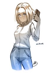 Rule 34 | 1girl, absurdres, acrylicstroke, character name, collared shirt, highres, holding, holding phone, looking at viewer, phone, samsung, samsung sam, shirt, simple background, sketch, solo