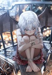 Rule 34 | 1girl, absurdres, anklet, barefoot, bell, blue eyes, blurry, blush, bob cut, bokeh, bracelet, cage, crossed legs, crying, curled up, demon wings, depth of field, dress, feet, hani haya, highres, hugging own legs, jewelry, original, red dress, revision, sad, short dress, solo, toes, white hair, wings