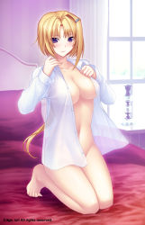 Rule 34 | 1girl, barefoot, bed, bed sheet, blonde hair, blush, breasts, curtains, dress shirt, ellen aice, feet, hair ornament, hairclip, himukai kyousuke, kneeling, lamp, large breasts, legs, long hair, muv-luv, muv-luv alternative, muv-luv alternative chronicles 02, naked shirt, navel, no panties, official art, open clothes, open shirt, pillow, purple eyes, see-through, shirt, short hair, sitting, smile, solo, thighs, toes, window