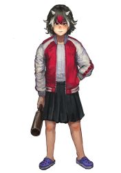 Rule 34 | 1girl, :s, absurdres, black hair, blue footwear, blush, bottle, chanta (ayatakaoisii), closed mouth, commentary request, crocs, full body, grey horns, hair between eyes, hand in pocket, highres, holding, holding bottle, horns, jacket, kijin seija, looking at viewer, multicolored clothes, multicolored hair, multicolored jacket, open clothes, open jacket, pleated skirt, red eyes, shirt, short hair, simple background, skirt, solo, standing, streaked hair, touhou, white background, white shirt