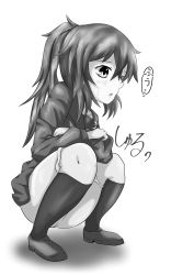 Rule 34 | 1girl, absurdres, blush, collarbone, crossed arms, fumizuki (kancolle), highres, kantai collection, kneehighs, long hair, long sleeves, looking down, monochrome, musou bw, neckerchief, open mouth, panties, panty pull, ponytail, pussy, shirt, shoes, skirt, socks, squatting, sweatdrop, underwear