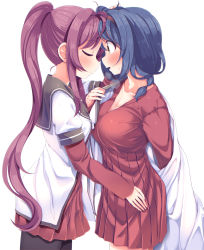 Rule 34 | 2girls, black legwear, blue hair, blush, breasts, cleavage, closed eyes, collarbone, commentary request, dress, face-to-face, forehead-to-forehead, furutani himawari, hairband, heads together, highres, large breasts, long hair, long sleeves, low twintails, multiple girls, nanamori school uniform, open mouth, pantyhose, ponytail, purple hair, red dress, school uniform, serafuku, short hair, simple background, sugiura ayano, sweat, takahero, twintails, white background, yuru yuri