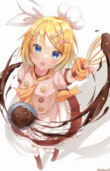 Rule 34 | 1girl, absurdres, arm up, ascot, beige shirt, blonde hair, blue eyes, bow, bowl, buttons, chef hat, chocolate, commentary, foreshortening, frilled skirt, frills, from above, gloves, hair bow, hair ornament, hairclip, hat, highres, holding, holding whisk, kagamine rin, layered skirt, light blush, looking at viewer, noneon319, open mouth, orange ascot, orange gloves, shadow, short hair, short sleeves, skirt, solo, sprinkles, standing, star (symbol), striped clothes, striped thighhighs, sweet magic (vocaloid), swept bangs, thighhighs, twitter username, v-shaped eyebrows, valentine, vocaloid, whisk, white background, white bow